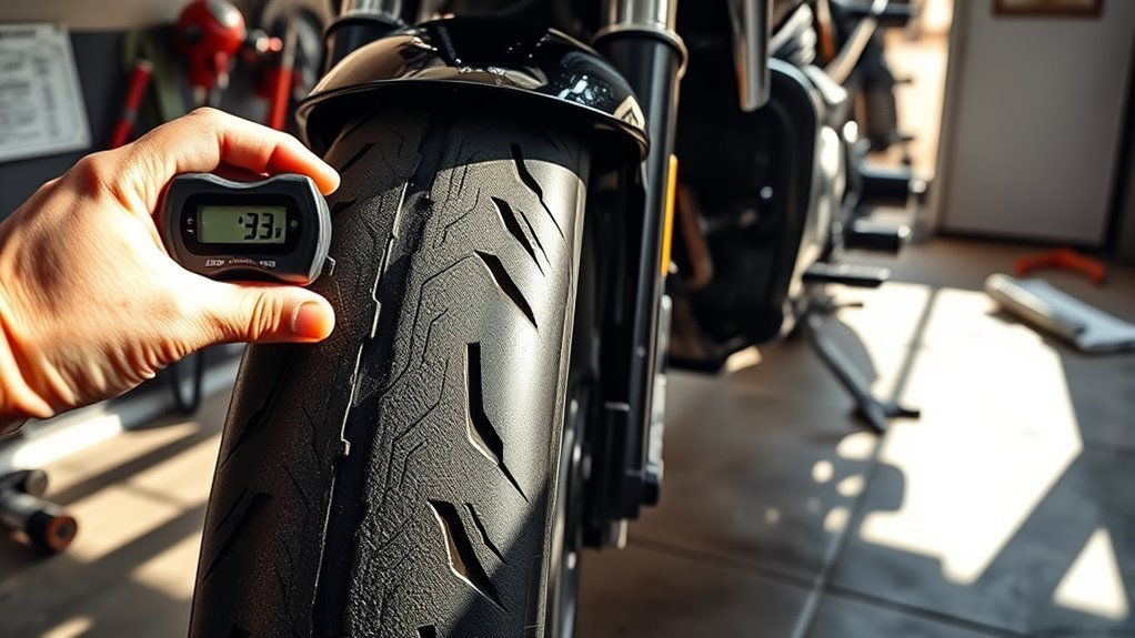 Motorcycle rider checking and adjusting tire pressure with a gauge