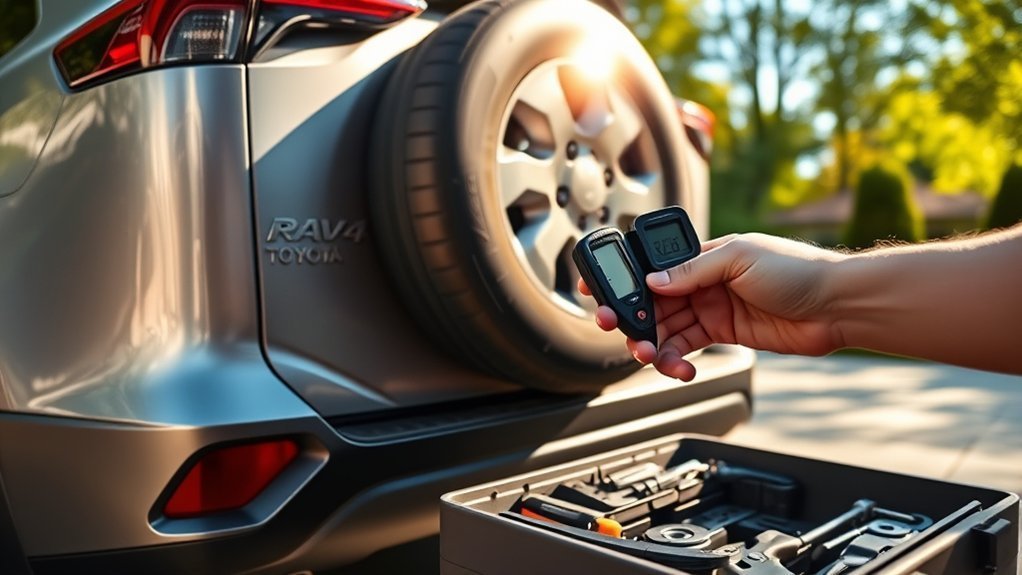 Check Toyota RAV4 spare tire pressure with a tire pressure gauge