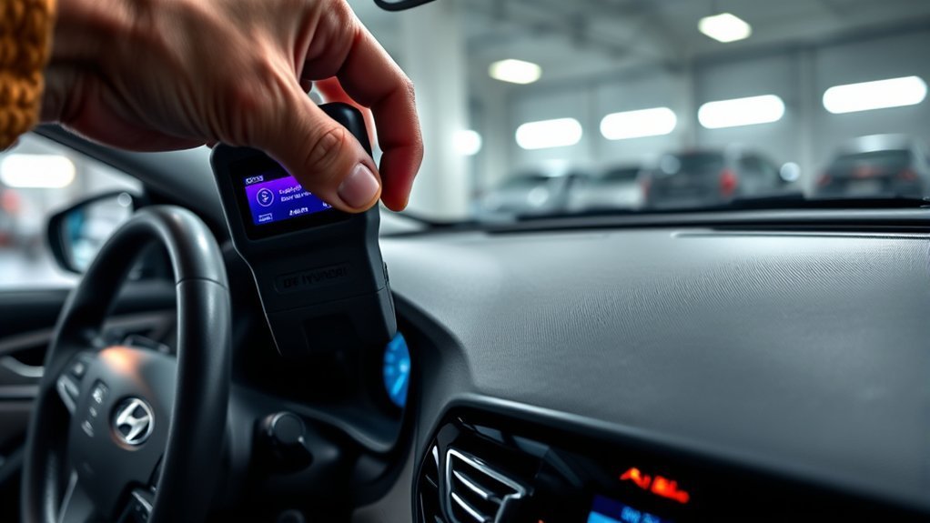 OBD-II scanner connected to the Hyundai Sonata diagnostic port under the dashboard