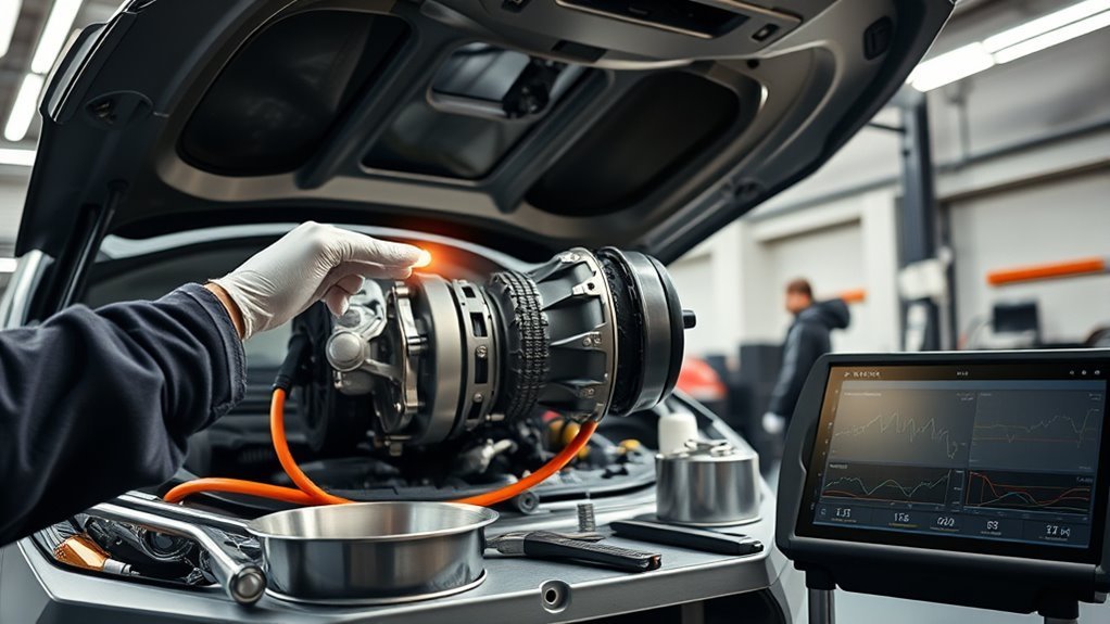 RAV4 Hybrid eCVT Guide: How It Works for 2026 Owners 4 Technician inspecting Toyota RAV4 Hybrid eCVT fluid, wiring, cooling, and underbody components