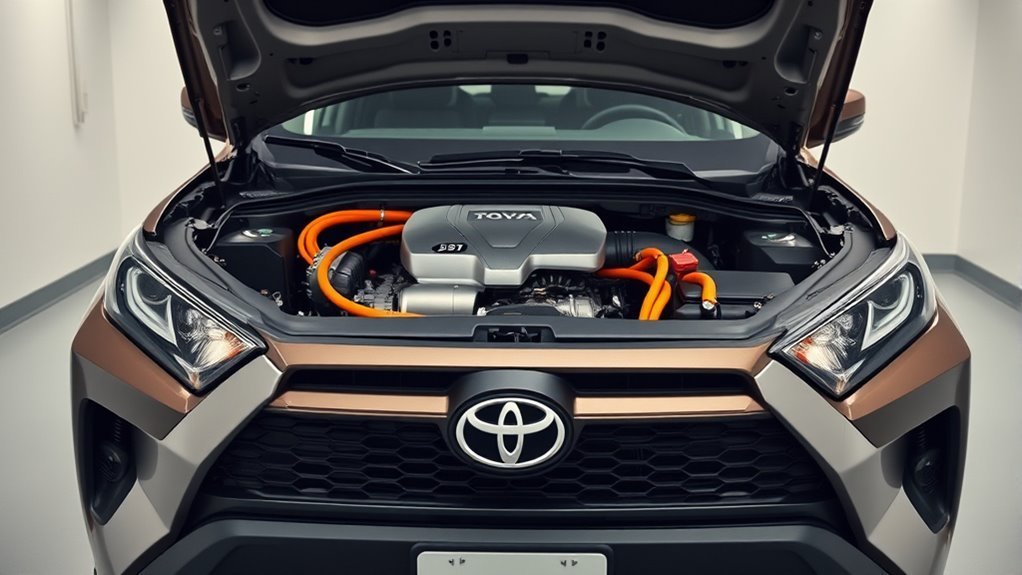 RAV4 Prime plug-in hybrid powertrain with gasoline engine, electric motors, battery, and regenerative braking