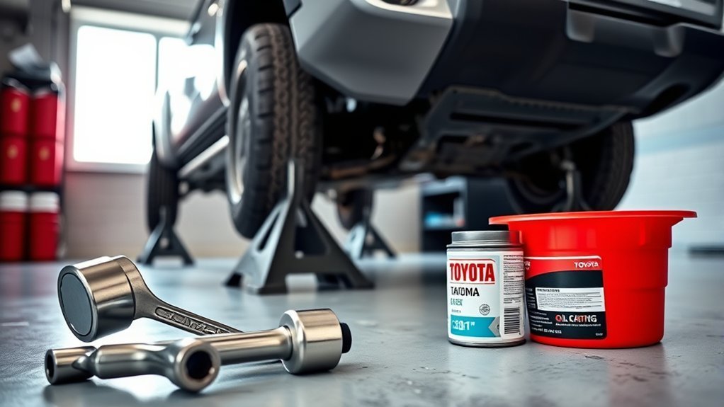 Tacoma Oil Change Guide: 2016–2023 DIY Steps 2 Toyota Tacoma oil change tools including oil, filter socket, torque wrench and drain pan
