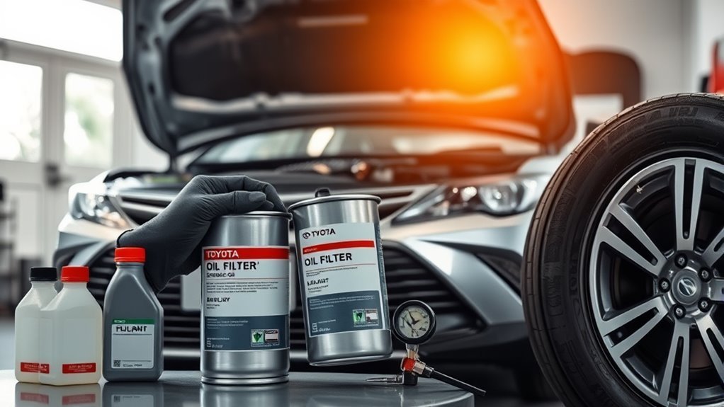 Checking Toyota Camry fluids and tire condition during oil service