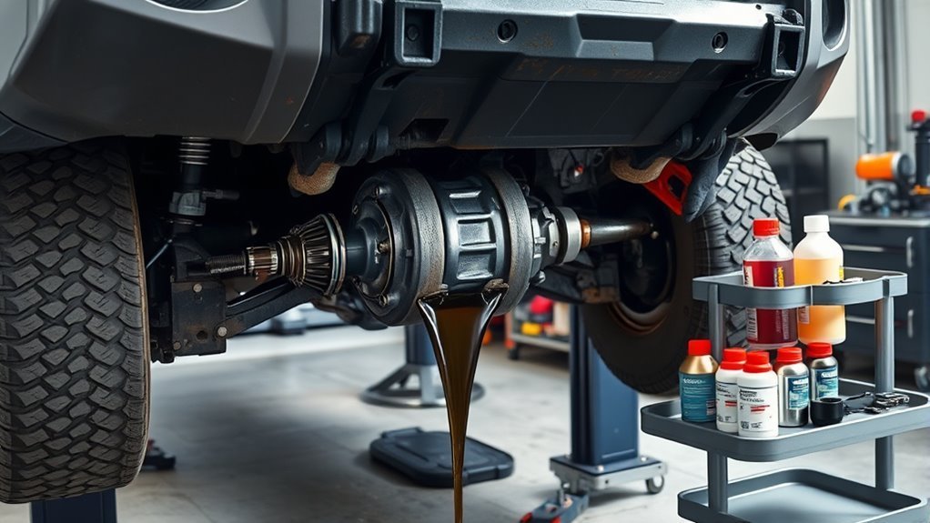 Front differential fluid service on a Toyota 4Runner with skid plates removed