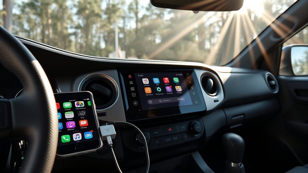 iPhone connected to a Toyota Tacoma USB port for Apple CarPlay setup