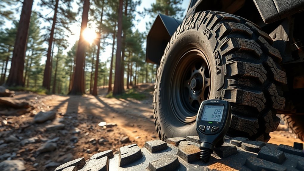 driver checking off-road tire pressure with a gauge before a trail