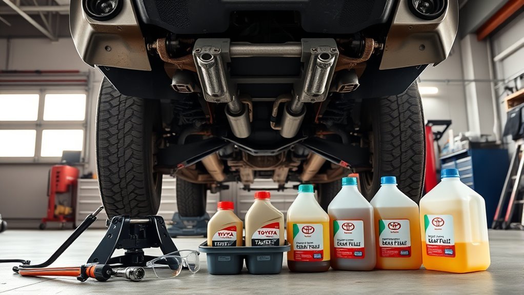Tools, gear oil, sockets, and crush washers prepared for a Toyota 4Runner differential and transfer case fluid service