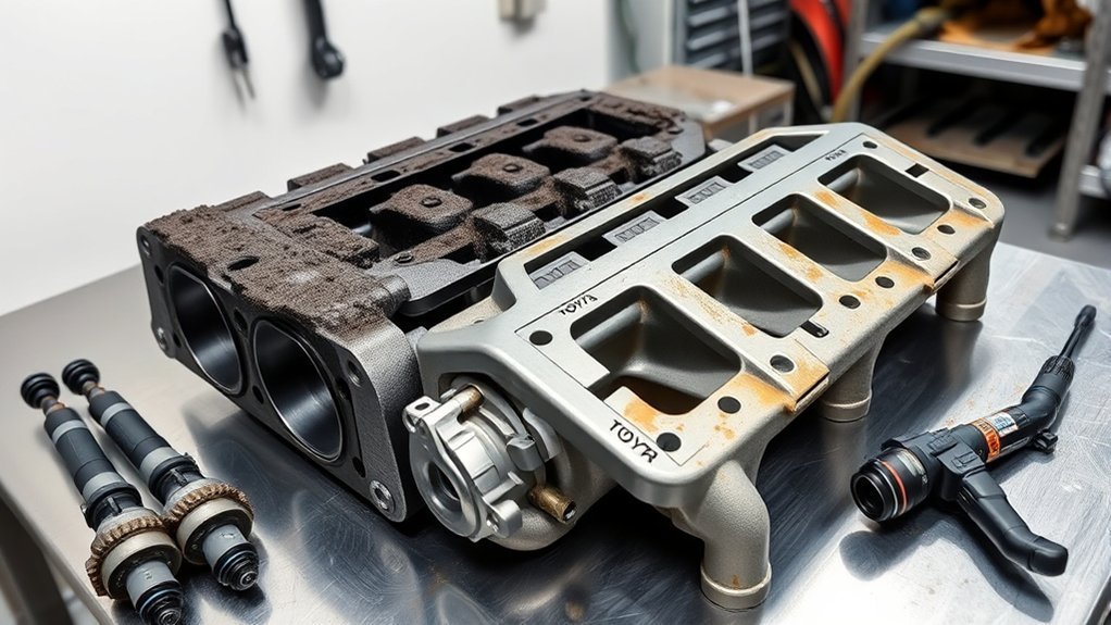 Technician inspecting intake carbon buildup on a dual-injection engine