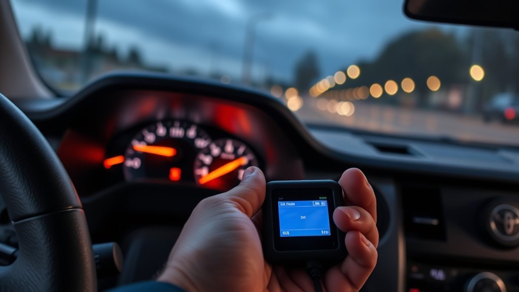 OBD-II scanner reading diagnostic trouble codes on a Toyota Tundra