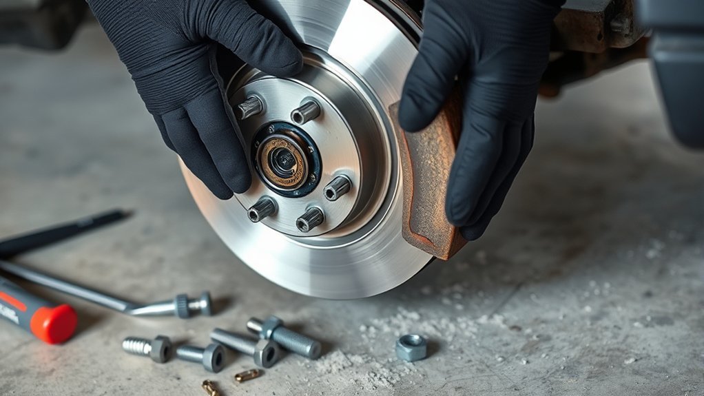 Carefully removing an old brake rotor from a Toyota RAV4 wheel hub