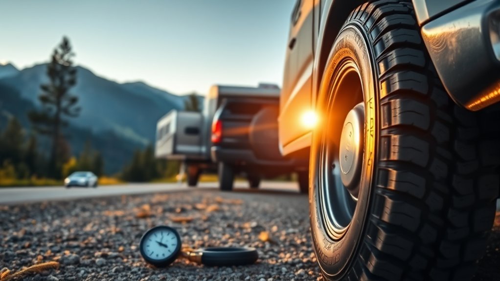 tow vehicle and trailer tires checked for safe towing pressure