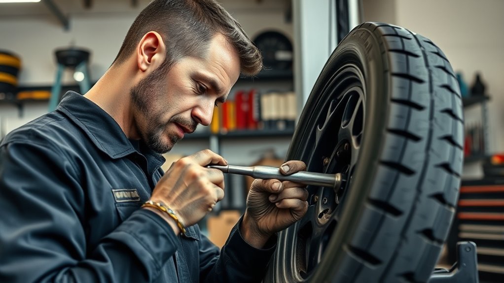 Technician inspecting a tire valve stem and wheel for persistent air leaks