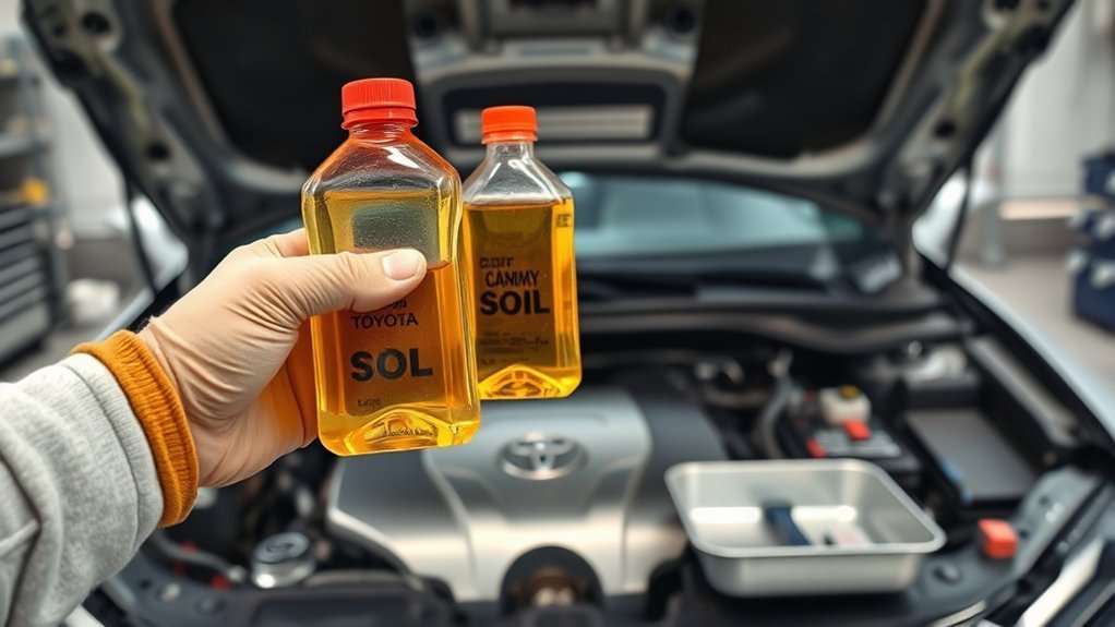 Toyota Camry Synthetic Oil: 2026 Grades & Intervals 2 Bottle of synthetic motor oil being used for Toyota Camry engine protection