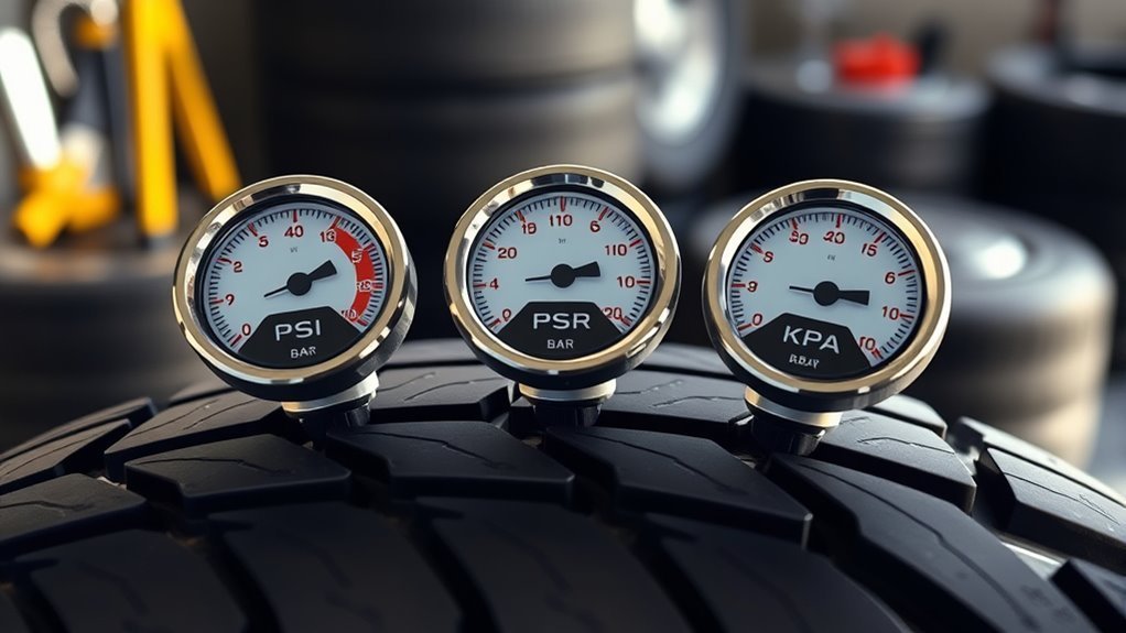 Tire pressure gauge showing PSI, bar, and kPa measurement units