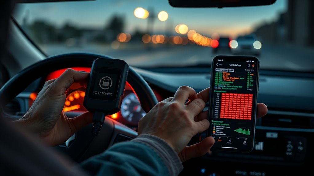 OBD2 scanner displaying check engine diagnostic trouble codes