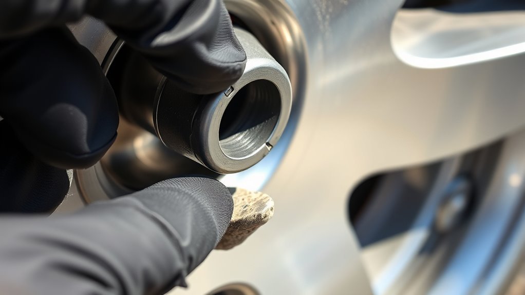 Close-up of a tire valve stem being inspected for damage, cracks, and corrosion